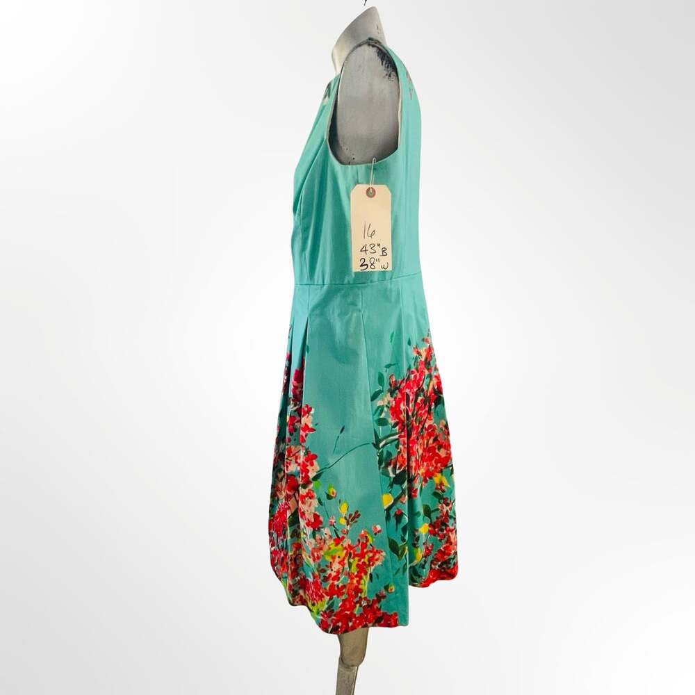 Lafayette 148 New York Floral Midi Dress Size 16 Teal Red Yellow Sleeveless Fit - Picture 3 of 8